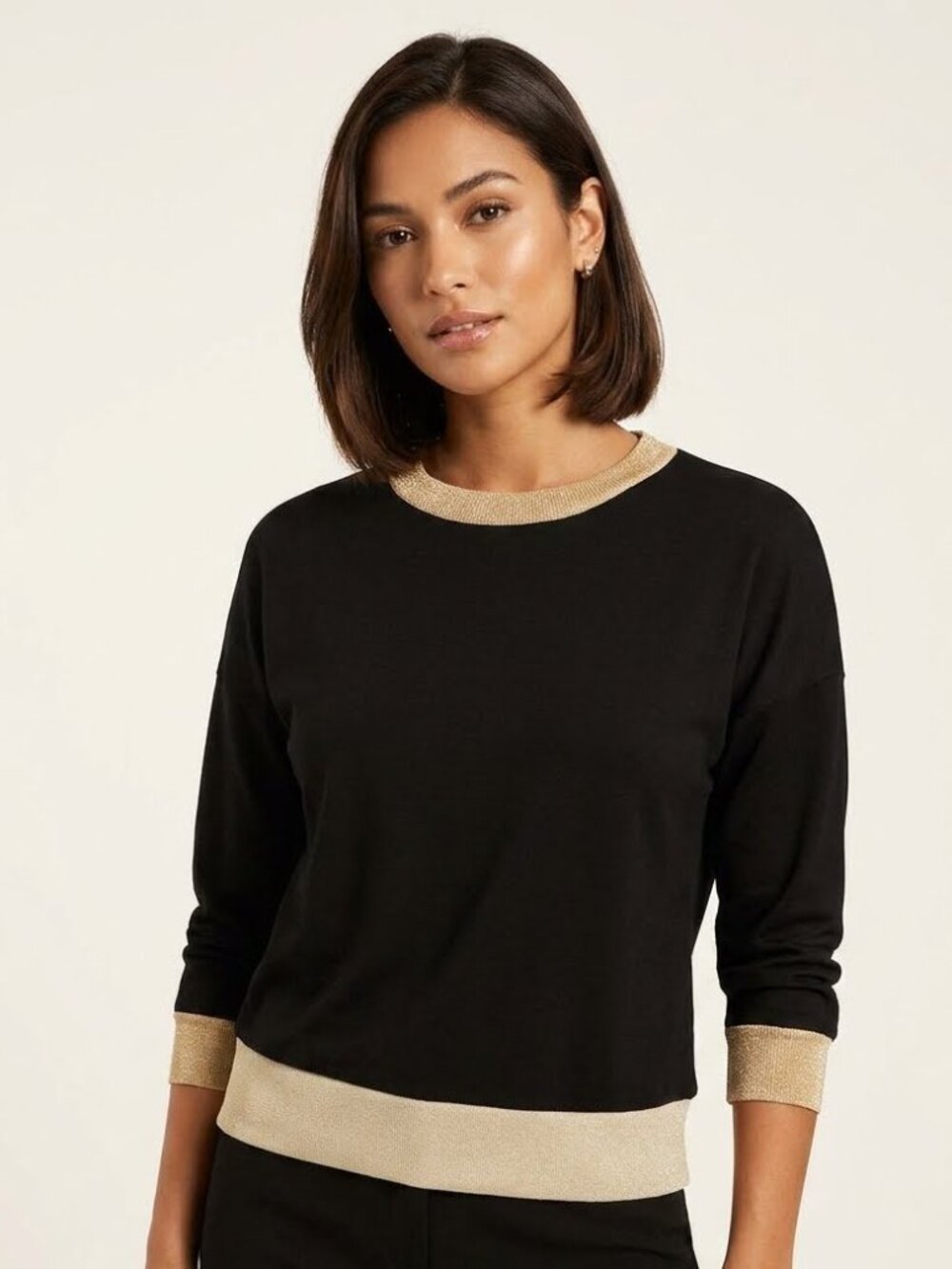 Black Cotton Sweater with Gold Collar & Cuffs Size M/L